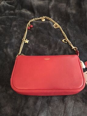 Coach Red Leather Shoulder Bag with Gold Charm Chain